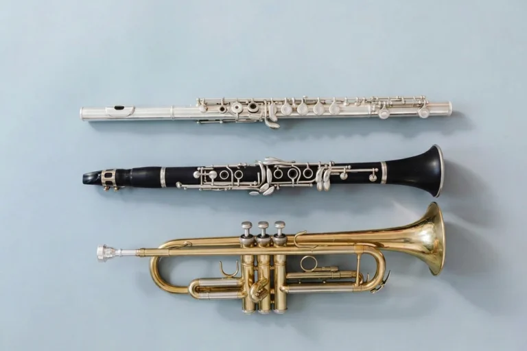 A silver flute, black clarinet, and brass trumpet arranged on a blue-gray surface illustrate the best band instruments for beginners.