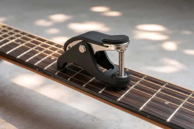 A matte-black capo with a metal tension screw grips the strings of a natural acoustic guitar neck, illustrating the best capos for acoustic guitar.