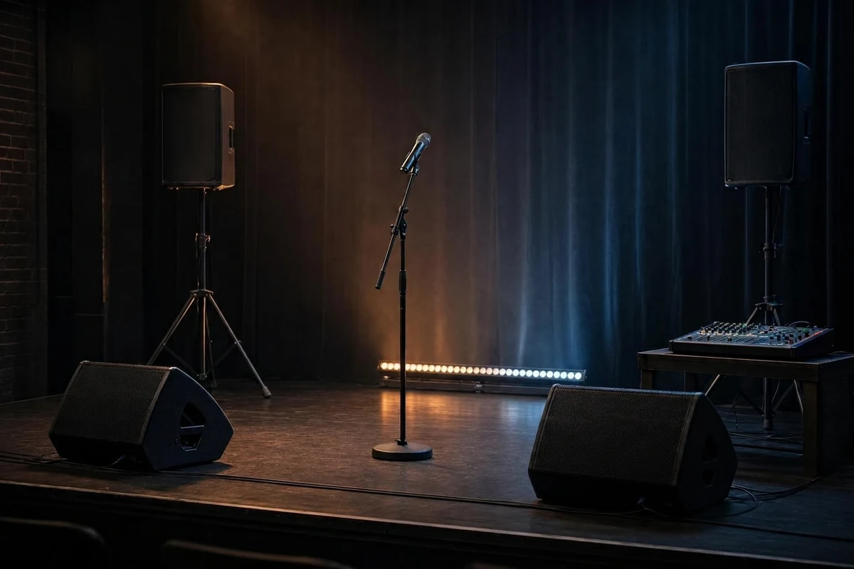 An empty concert stage with PA speakers, floor monitors, a microphone, and a mixer illustrates the best concert equipment for a polished live show.