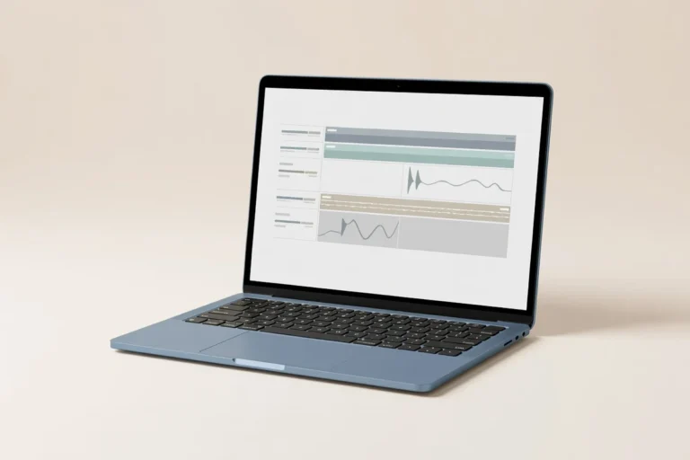 An open slate-blue laptop displays a clean audio workstation with waveform tracks, representing the best music production laptops for producers.