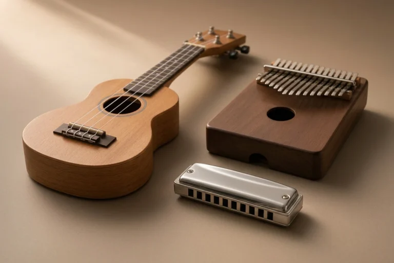 A honey-wood soprano ukulele, walnut kalimba, and plain silver harmonica arranged on a warm taupe surface, illustrating the best small musical instruments.