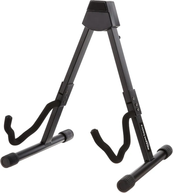 Amazon Basics folding A-frame guitar stand with foam arms.
