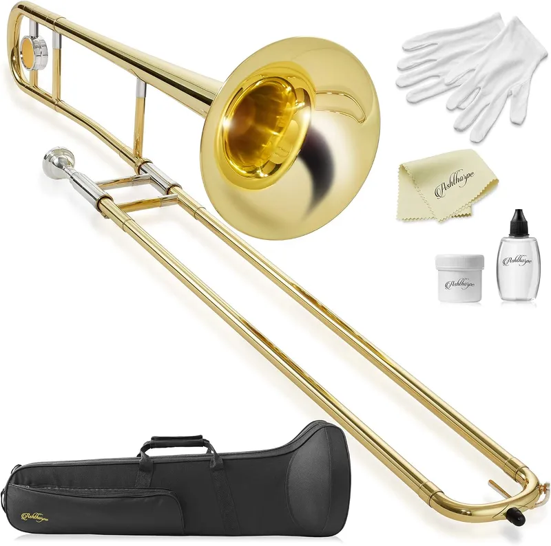 Ashthorpe Bb tenor slide trombone with gold lacquer finish.