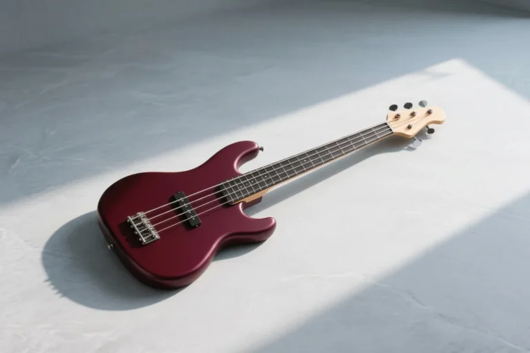 A satin-burgundy four-string bass with a slim maple neck rests diagonally on a pale studio surface, illustrating the best bass guitars for small hands.