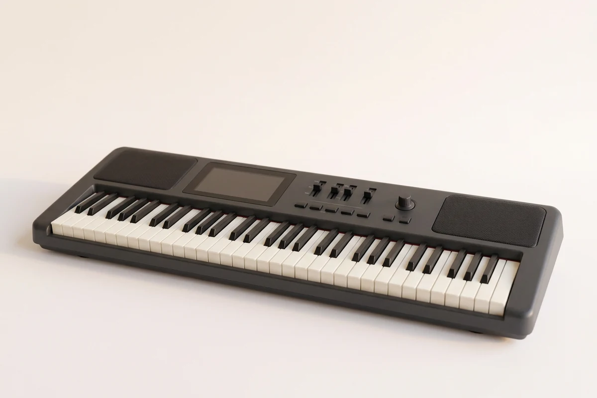 A compact charcoal digital keyboard with built-in speakers rests on a pale surface, representing the best budget musical instruments for beginners.
