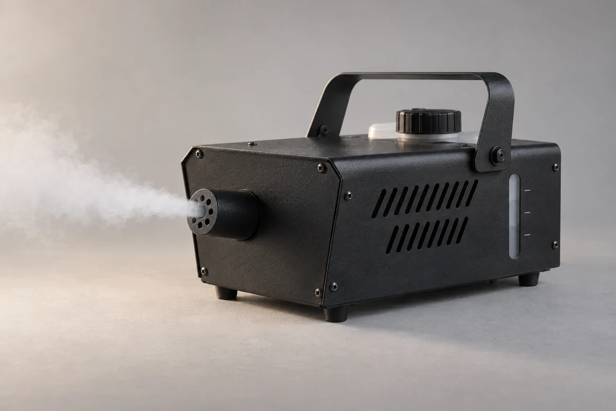 A compact unbranded black fog machine with an integrated handle and front nozzle releases a light mist plume on a plain gray studio surface, illustrating the best fog machines for concerts.