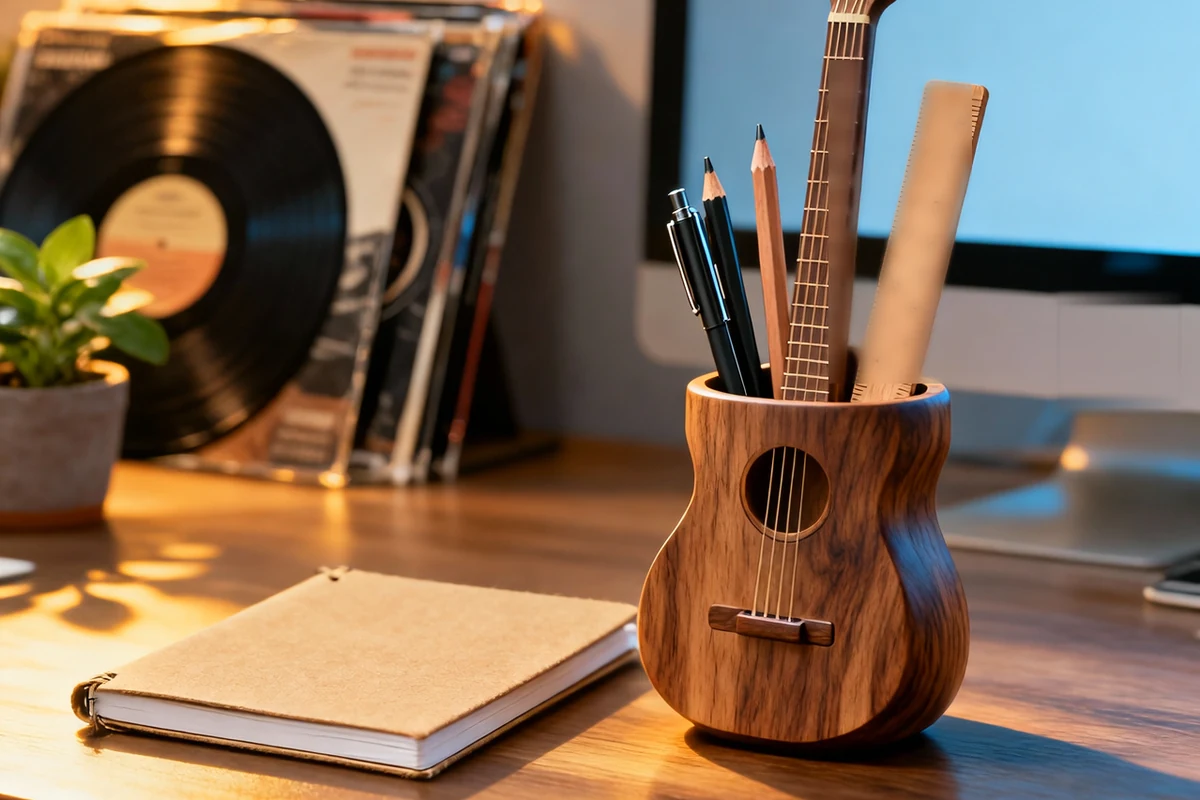 A generic unbranded guitar-shaped pen organizer in solid walnut — carved guitar-body silhouette with a soundhole cup holding blank pens, pencils and a plain unmarked ruler