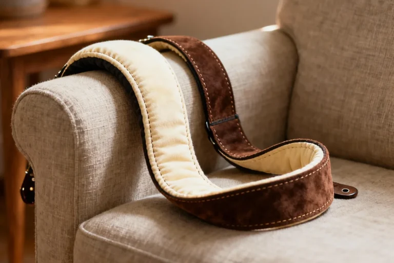 A generic unbranded wide padded guitar strap with a chocolate-brown suede top and soft cream padded underside, plain stitched edges and blank punched-hole ends with no woven labels or embossed logos