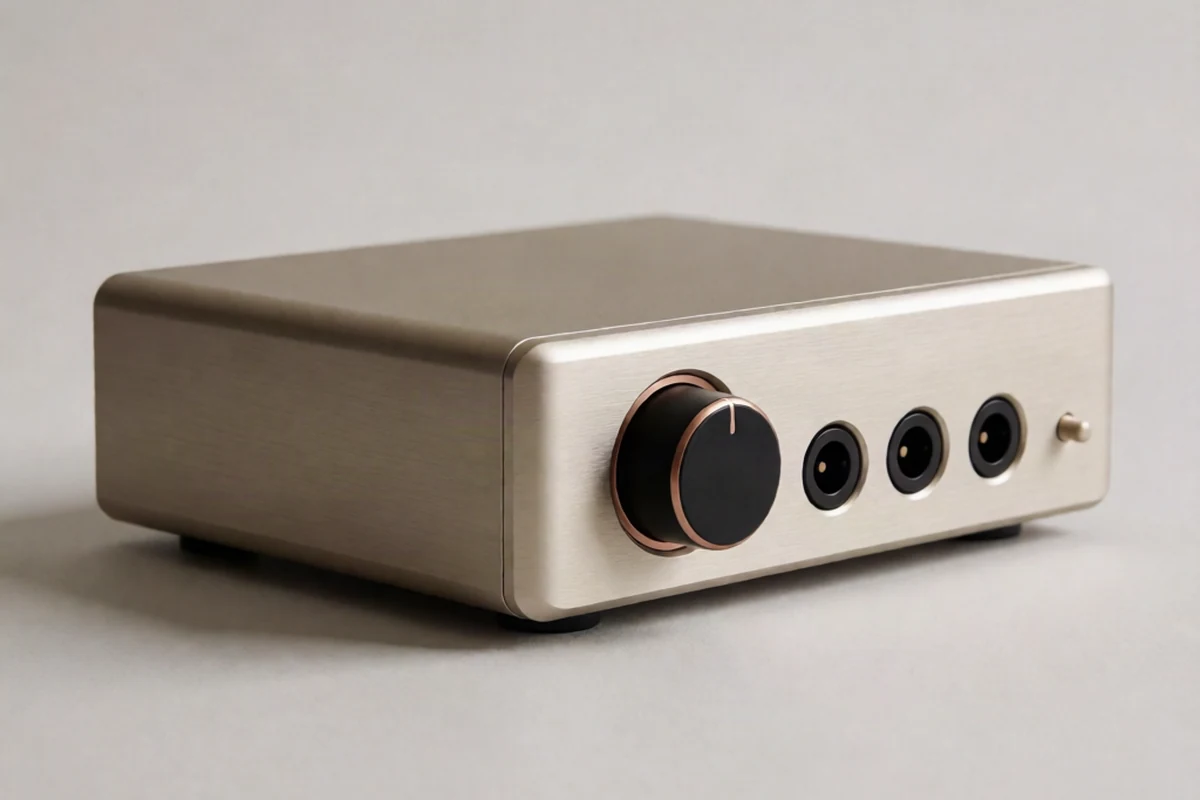 A champagne-silver desktop headphone amplifier with a large black volume dial and three headphone jacks sits alone on a pale gray surface, illustrating the best headphone amps for studio use.