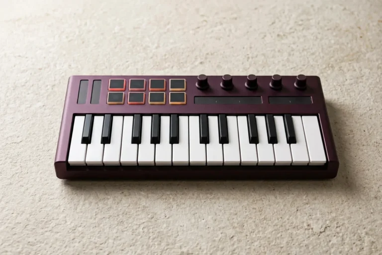A deep-plum portable MIDI keyboard with mini keys, colored performance pads, and rotary knobs sits alone on a pale textured surface, illustrating the best portable MIDI keyboards for music producers.