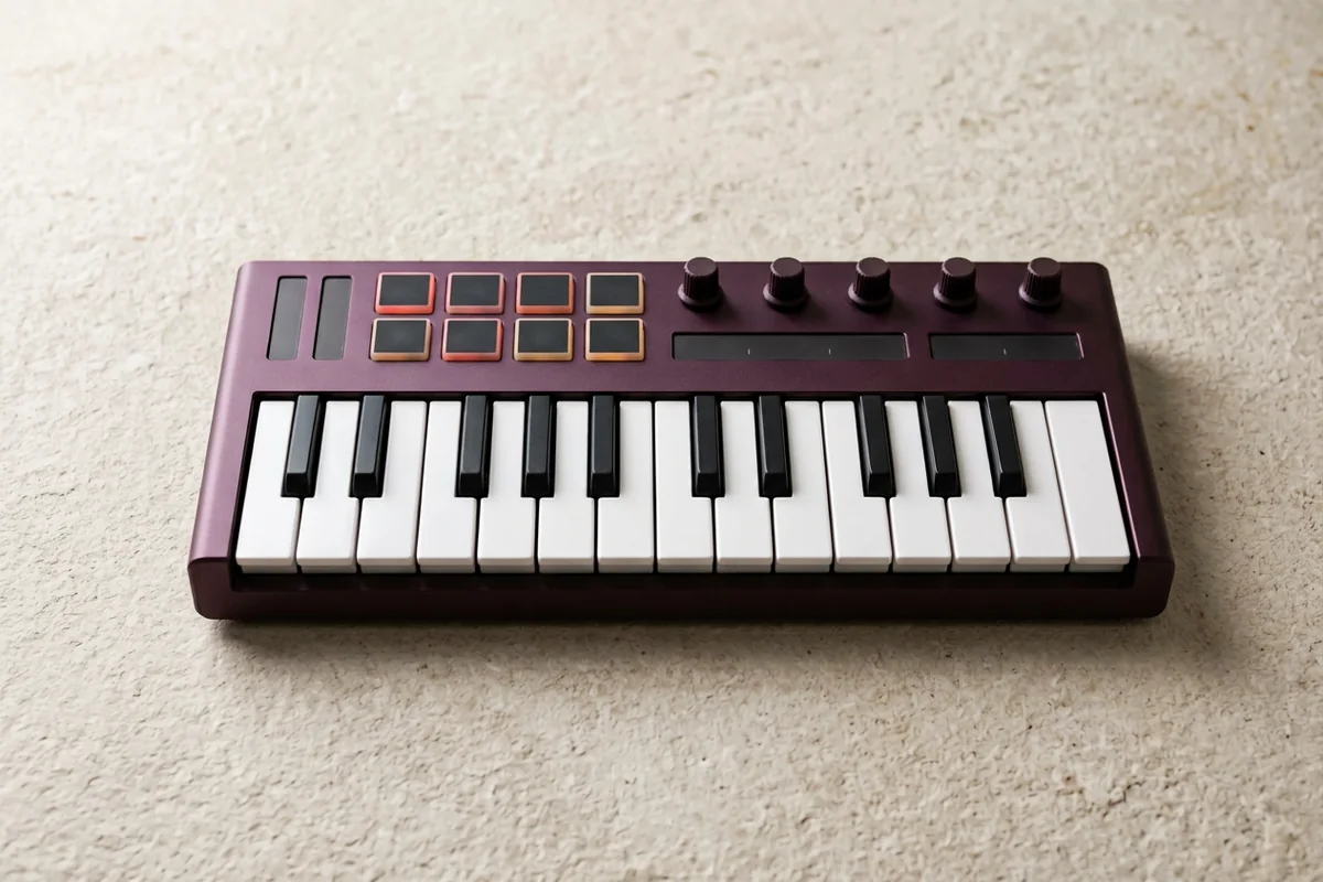 A deep-plum portable MIDI keyboard with mini keys, colored performance pads, and rotary knobs sits alone on a pale textured surface, illustrating the best portable MIDI keyboards for music producers.