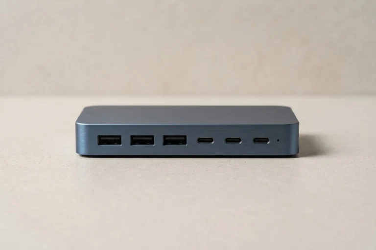 An unbranded brushed midnight-blue USB hub with a row of USB-A and USB-C ports rests alone on a pale stone surface, illustrating the best USB hubs for music studios.