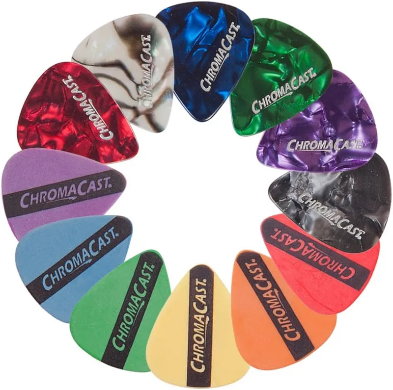 ChromaCast sampler picks in twelve colors and materials arranged in a circle