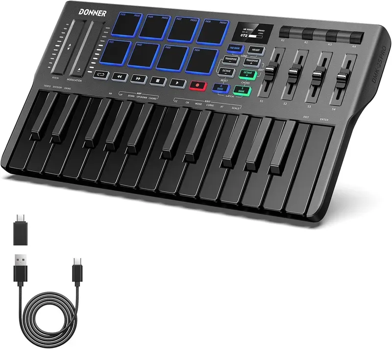 Donner DMK 25 Pro portable MIDI keyboard controller with its included USB-C and USB cables.