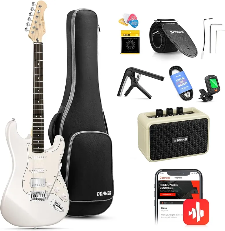 Donner DST-152 full-size electric guitar starter kit with compact amp, gig bag, tuner, strap, cable, picks, and app lessons for a complete out-of-the-box start.
