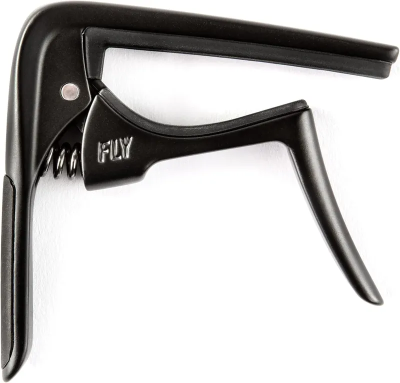 Jim Dunlop Trigger Fly curved capo in black, one of the best capos for acoustic guitar.