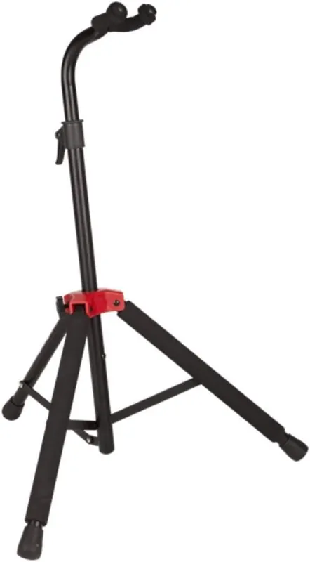Fender Deluxe hanging guitar stand in black and red, among the best stands for acoustic guitars