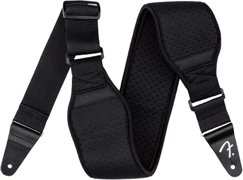 Fender Swell neoprene guitar strap in black with perforated pad.
