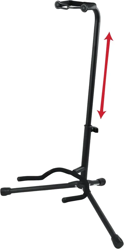 Gator Frameworks adjustable tripod guitar stand with height arrow.