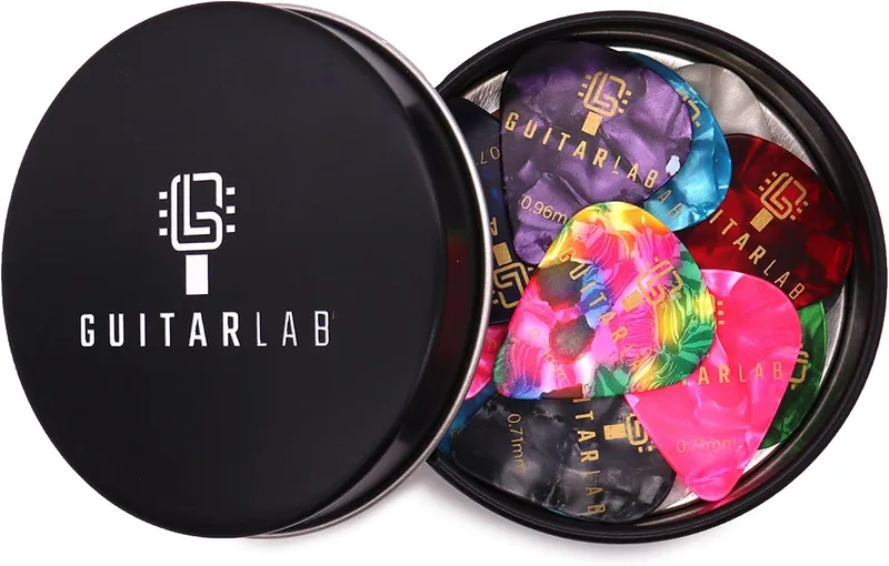Guitar Lab metal tin with eighteen celluloid picks in assorted colors and gauges