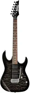 Ibanez GIO GRX70QA in transparent black sunburst with quilted art grain top and slim fast neck made for easy lead playing, a standout among the best guitar brands for beginners.]