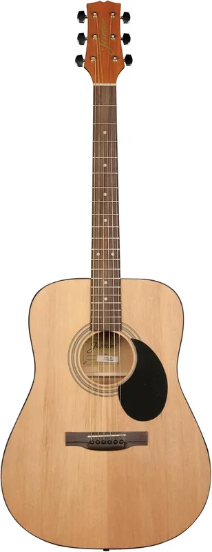 Jasmine S35 dreadnought acoustic guitar in natural satin with black pickguard offering a smooth, forgiving first strum for new players.