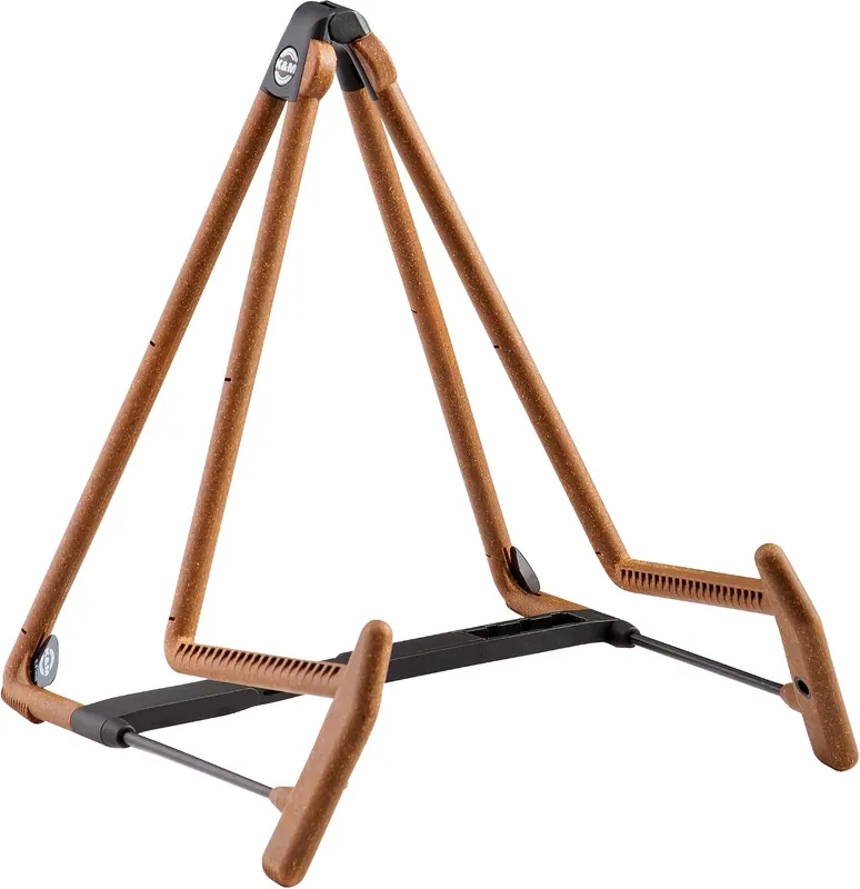 K&M Heli 2 A-frame guitar stand with cork-infused rubber, one of the best stands for acoustic guitars.