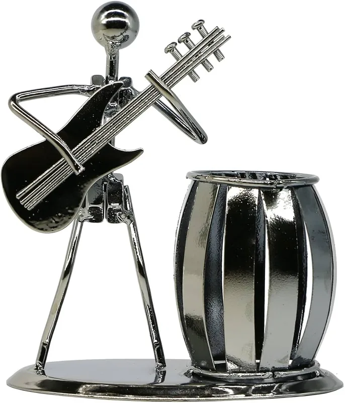 LepoHome metal guitarist desk pen cup with a rounded silver-tone holder and guitar-playing figure, a compact entry among the Best Guitar Decor Pen Organizers.
