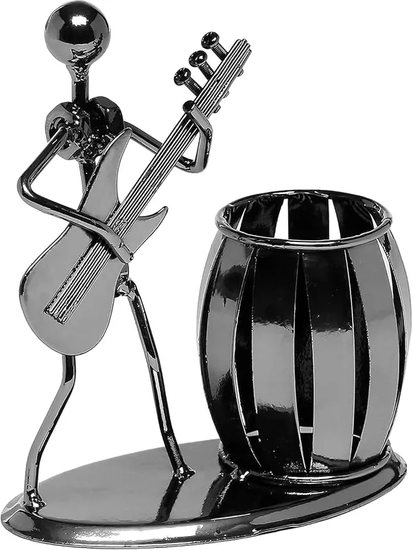 MyGift gunmetal metal pen holder with a barrel-shaped cup beside a standing electric-guitar player figure, a compact choice among the Best Guitar Decor Pen Organizers for music-themed desks.