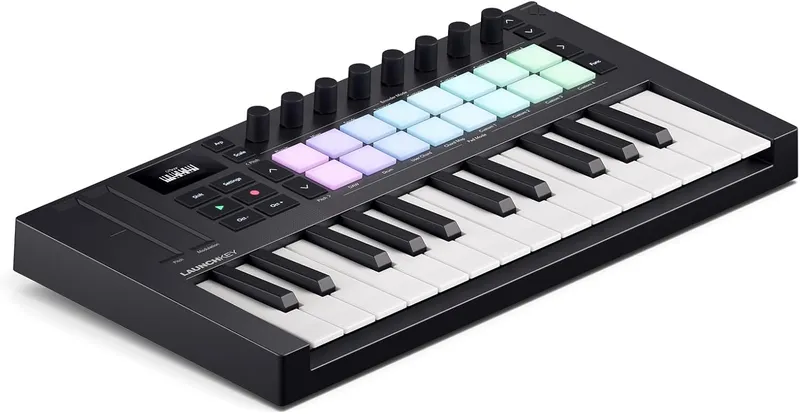 Novation Launchkey Mini 25 MK4 compact MIDI controller, one of the best portable MIDI keyboards.