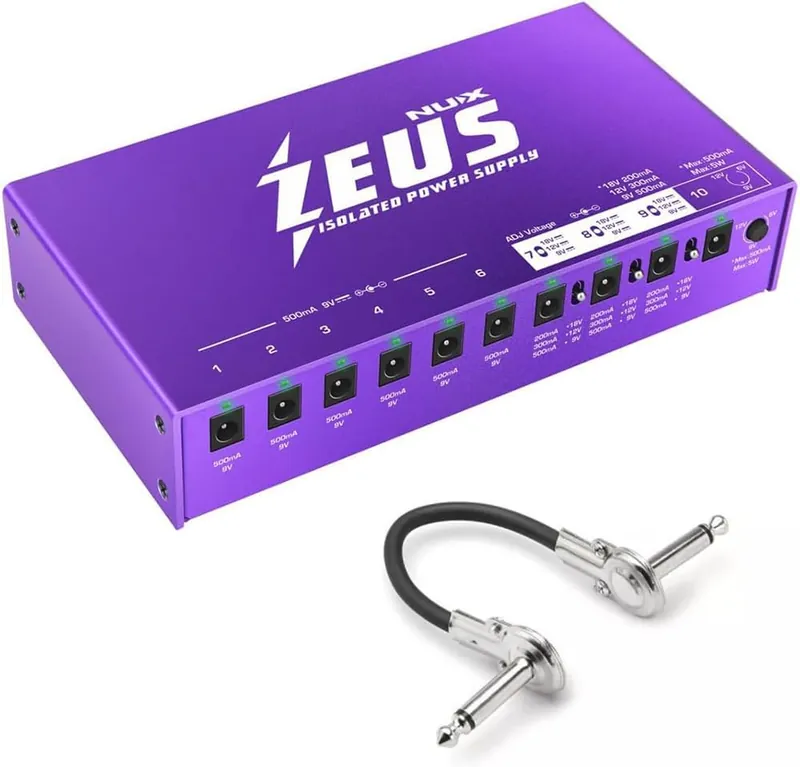NUX Zeus purple isolated power supply with patch cable, one of the best power supplies for guitar pedals