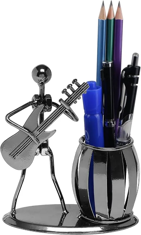Owlgift black metal guitarist pencil holder with several pens standing in its oval cup, one of the Best Guitar Decor Pen Organizers for a compact desk setup.