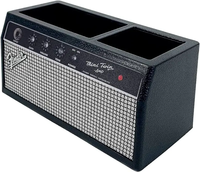 Black P Pluginz Fender amp-shaped desk organizer with textured grille cloth, control knobs, and open storage compartments, an officially licensed choice among the Best Guitar Decor Pen Organizers.
