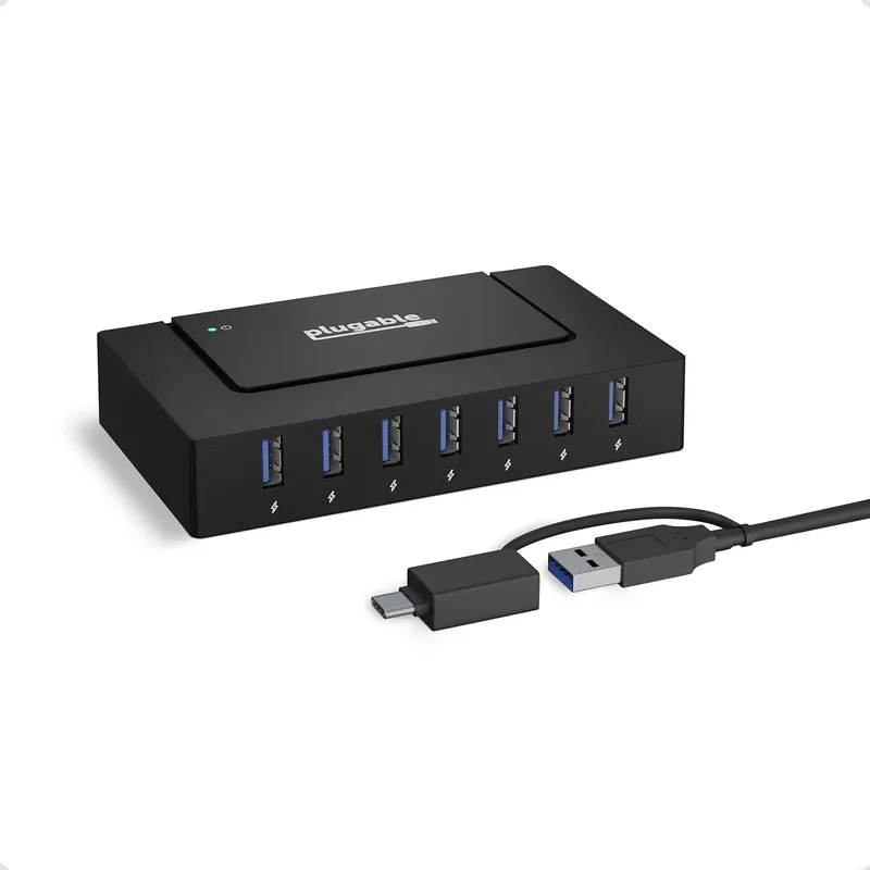 Plugable 7-in-1 powered USB hub for laptops, one of the best USB hubs for music studios.