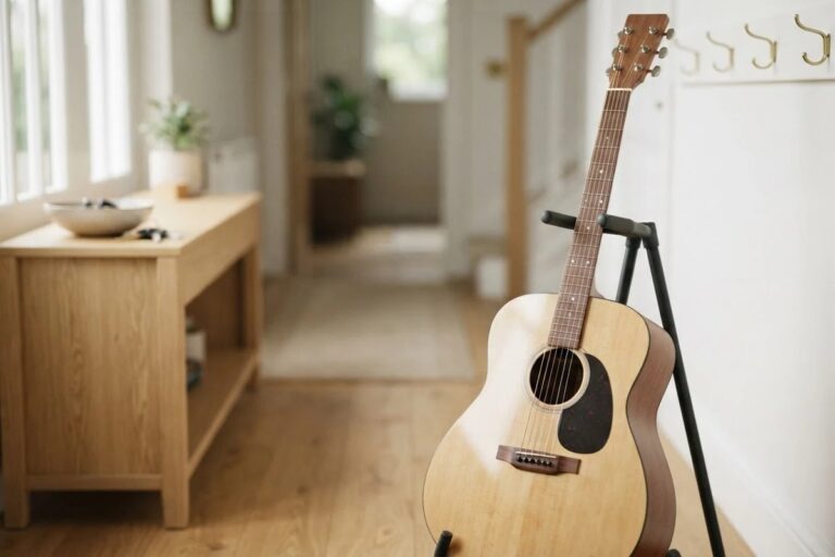 A generic unbranded acoustic guitar with a natural spruce top, six strings running from six bridge pins to six tuners on a blank headstock, resting upright and secure in a simple black A-frame guitar stand with plain foam padding, in a sunlit home entryway with a pale console table,