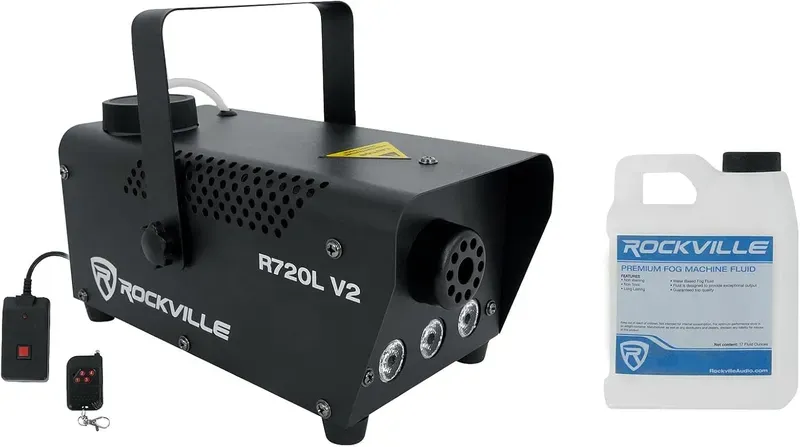 Rockville R720L RGB fog and smoke machine with its fog fluid, one of the best fog machines for concerts.