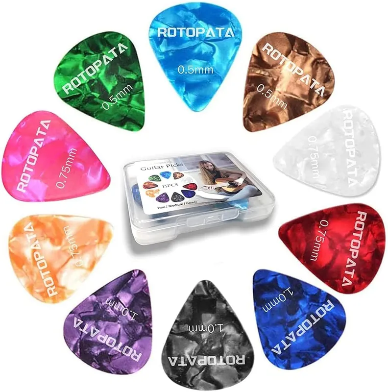 ROTOPATA guitar picks in multiple colors and gauges around a clear organizer box.