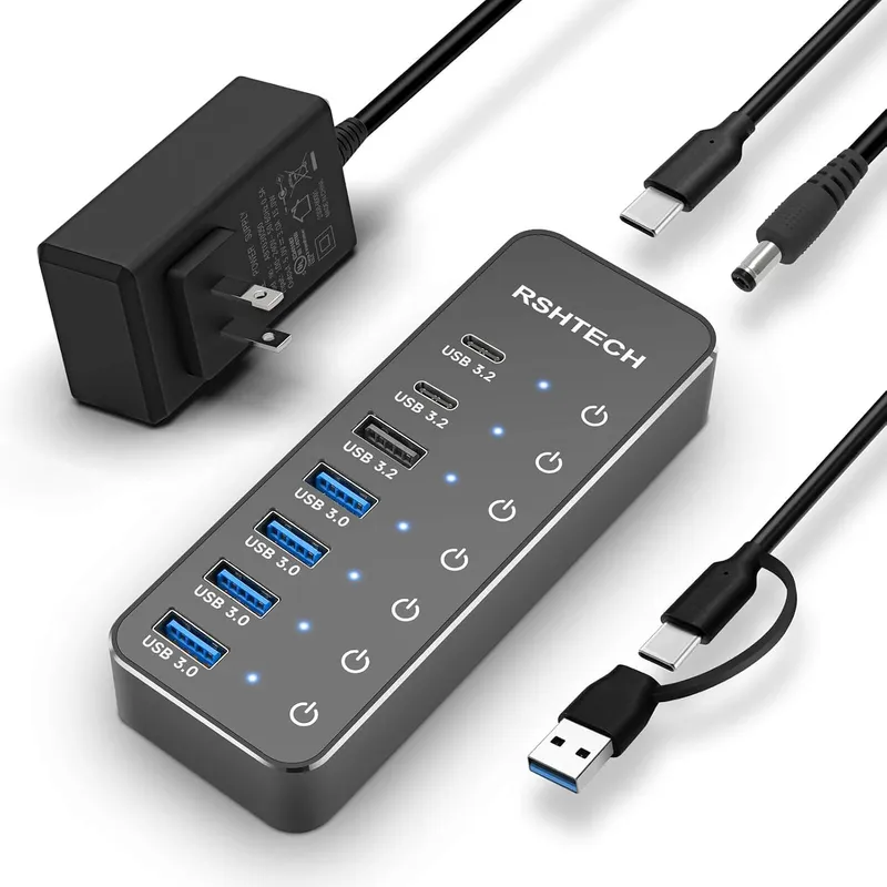 RSHTECH 7-port powered USB 3.2 hub with USB-C upstream, one of the best USB hubs for music studios.