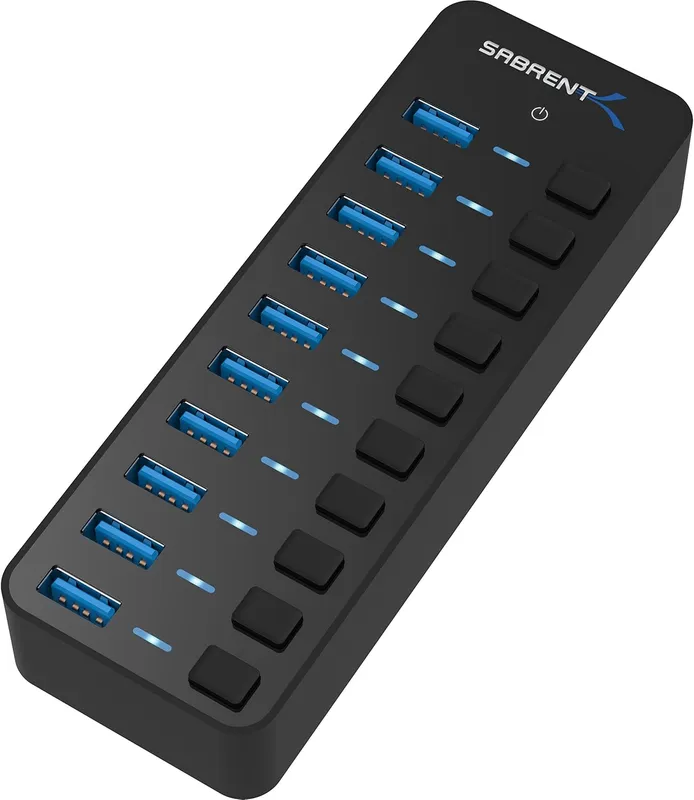 Sabrent 10-port 60W powered USB 3.0 hub with power switches.