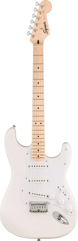 Squier Sonic Stratocaster HT in arctic white with maple fingerboard and hardtail bridge delivering classic double-cut comfort for a first electric guitar