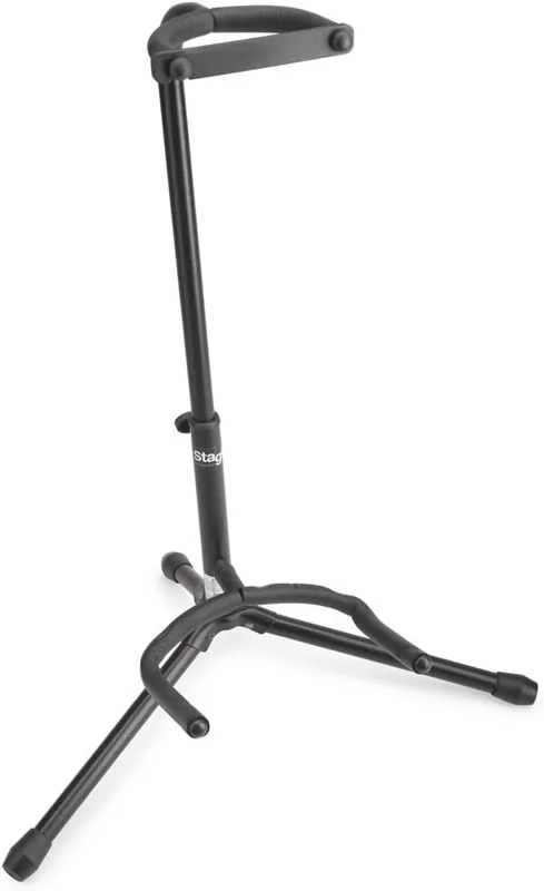 Stagg tripod tubular guitar stand with security strap.