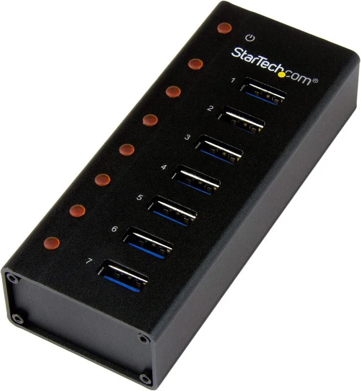 StarTech.com ST7300U3M seven-port USB 3.0 hub in its metal enclosure, one of the best USB hubs for music studios.