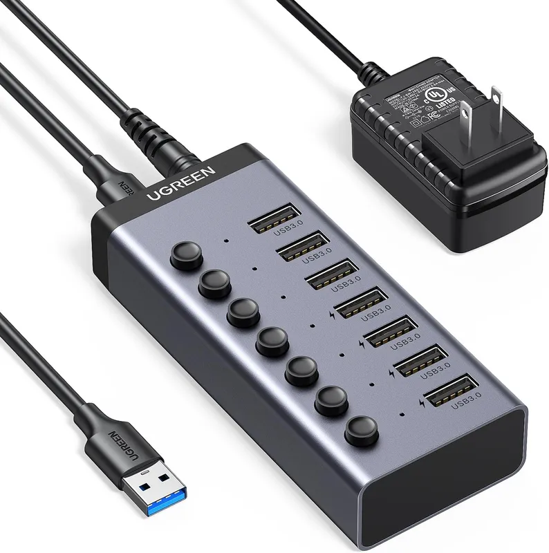 UGREEN 7-port powered USB 3.0 hub with individual power switches.