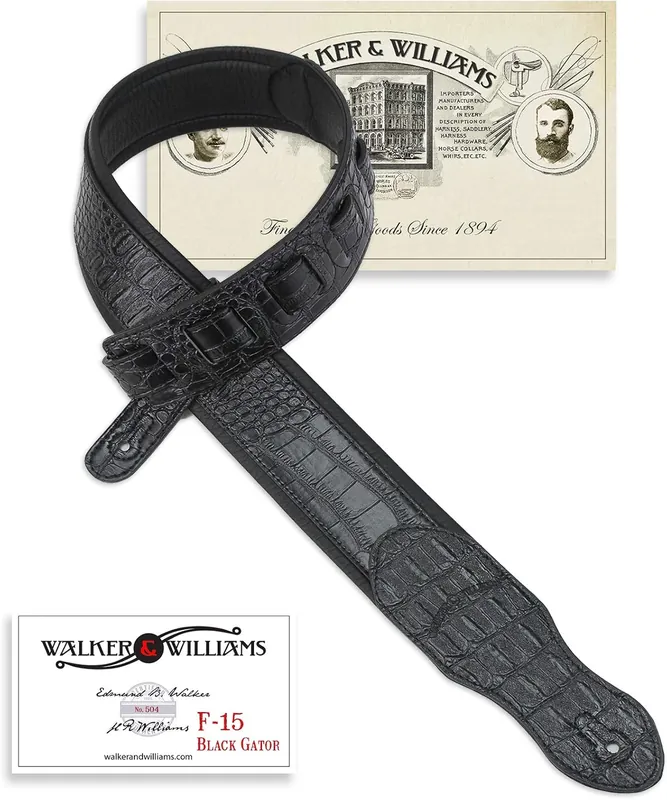 Walker & Williams F-15 black gator textured padded guitar strap