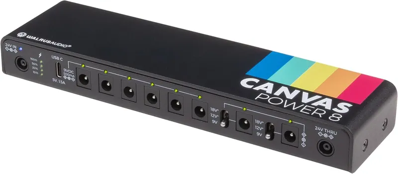 Walrus Audio Canvas Power 8 compact rail with rainbow accents, among the best power supplies for guitar pedals