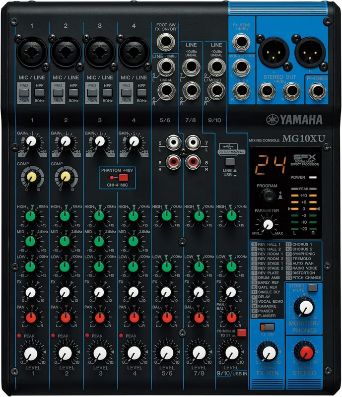Yamaha MG10XU 10-input stereo mixer with effects.